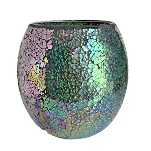Candleholder Vase Partylite Mosaic Glass Iridescent Blue Purple Crackled 8” X 5” - Picture 1 of 12