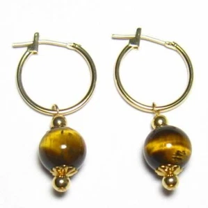 Pendientes de aro de cuentas de tigre genuinos de 8 mm oro amarillo de 14 K o plata esterlina - Imagen 1 de 1