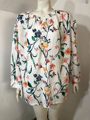 Blusa popover St Johns Bay feminina XXL branca estampa floral meio botão mangas compridas - Imagem 1 de 4