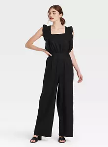Damen Rüschen Kurzarm Jumpsuit - Who What Wear - schwarz - verschiedene Größen - S491 - Bild 1 von 6