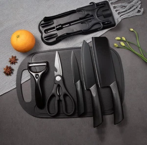 7-Piece Kitchen Knife and Cutting Board Set – Black Stainless Steel Knives with - Picture 1 of 6