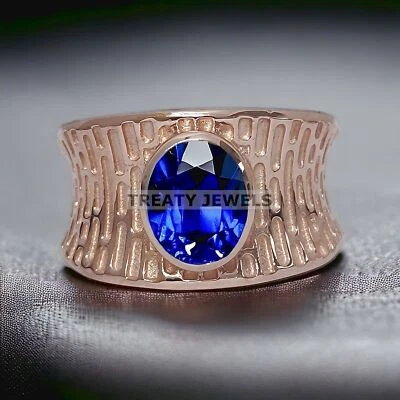 Zafiro azul corte ovalado con anillo chapado en oro de plata de ley 925 para hombre #360 Foto 1 de 4
