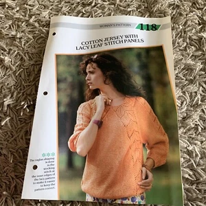VINTAGE CREATIVE KNITTING PATTERN - COTTON JERSEY WITH LACY LEAF STITCH PANELS - Picture 1 of 5