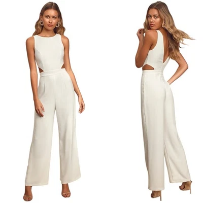 Lulus Moments to Remember White Sleeveless Wide-Leg Cutout Jumpsuit size L NWT - Image 1 of 4