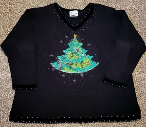 Quacker Factory Christmas Tree Sweater Embelish Bead Holiday Sequins 2X Vintage - Picture 1 of 10