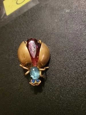 Vtg Czecho Gold Plated Brass Ruby & Aquamarine Glass Gems Ladybug Pin Art - Image 1 of 4