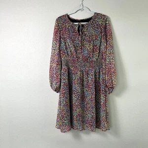 Tahari ASL Dress Womens Size 10 Black Multicolor Dot Smocked Chiffon Long Sleeve - Picture 1 of 15