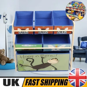 Wooden Kids Children Toy Storage Rack shelf with 6 Bags tidy Organizer Playroom - Picture 1 of 17