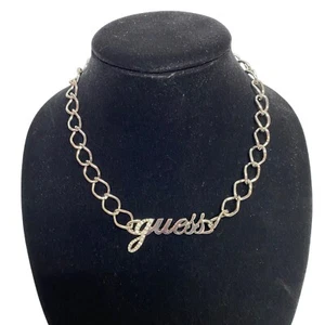 Guess Silver-Tone Chain Necklace & Bracelet Set With Rhinestone Script Logo NIB - Picture 1 of 14