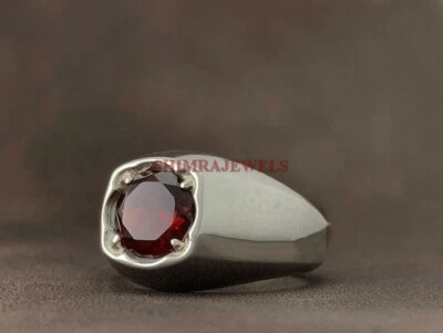 Anello In Argento Sterling 925 Con Gemma Di Granato Naturale Per Uomo #761 - Immagine 1 di 3