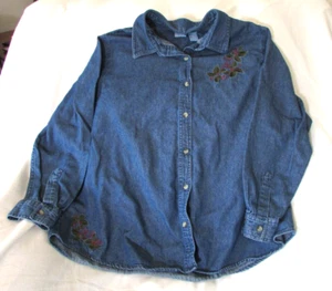 Ladies "Holiday Edition" Size 1X, Blue, Long Sleeve, Poinsettia, Denim Shirt - Picture 1 of 7