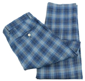 LAUREN RALPH LAUREN Turquoise Blue Plaid Flat Front Linen Dress Pants 32 34 NWT - Picture 1 of 3