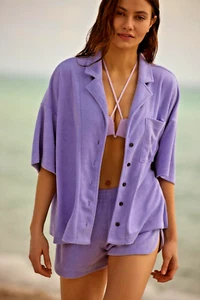 SET OF 2 ANTHROPOLOGIE BUTTON-DOWN TERRY SHIRT TOP & TERRY SHORTS PURPLE L - Picture 1 of 9
