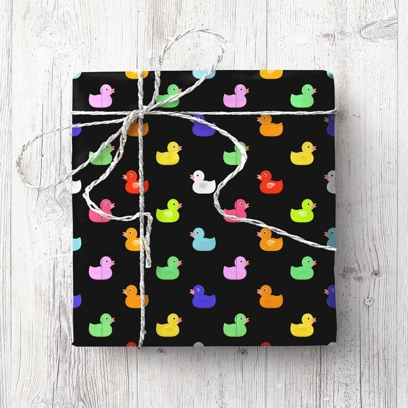 CANDY Ducks Wrapping Paper-2 Sheets, Gift Wrap, rubber duckie, rainbow duck, quack