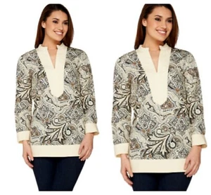 C. WONDER  PAISLEY  FOULARD PRINT SOLID TRIM V - NECK TUNIC TOP  Sz 18  NEW $ 79 - Picture 1 of 4