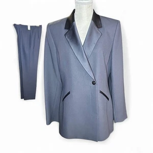 Vintage Kasper ASL Hosenanzug Damen 10 grau Satinbesatz Blazer 2-teiliges Set Karriere - Bild 1 von 19