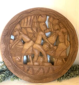 Arte de pared de madera artesanal vintage escena de cosecha hermosa y única 16" redonda - Imagen 1 de 4