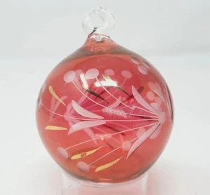 Etched Blown Glass Ornament Floral Pale Red Christmas Vtg Christmas Art 2.5" - Picture 1 of 7