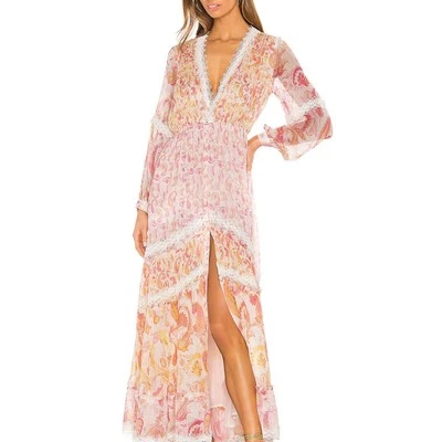 Rococo Sand V-neck Metallic, Pastel Pink & Orange Candy Maxi Dress Size Medium - Image 1 of 4