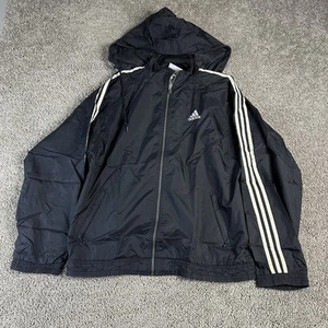 Adidas Jacket Mens Medium Black Hooded Windbreaker Three Stripes Athletic Nylon - Picture 1 of 16