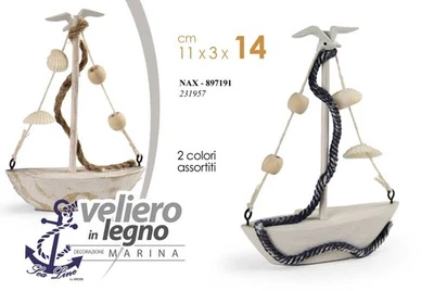 BARCA VELIERO DECORATIVA LEGNO BLU BEGIE VELA MARE NAUTICO TAVOLO GABBIANO 14 CM - Immagine 1 di 3