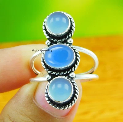 Anello pietra preziosa calcedonio blu argento sterling 925 fatto a mano... - Immagine 1 di 4