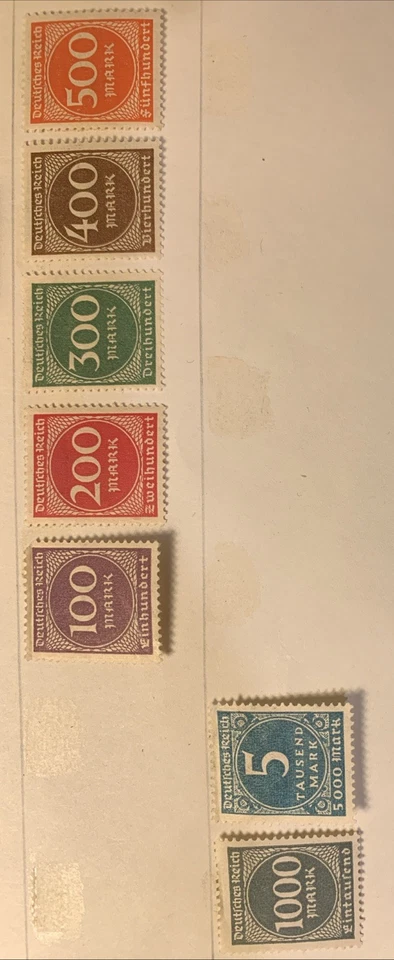 Set of 7 German Empire 1923 Stamps, OG Hinged, F/VF Unused 100-5k Marks - Image 1 of 1