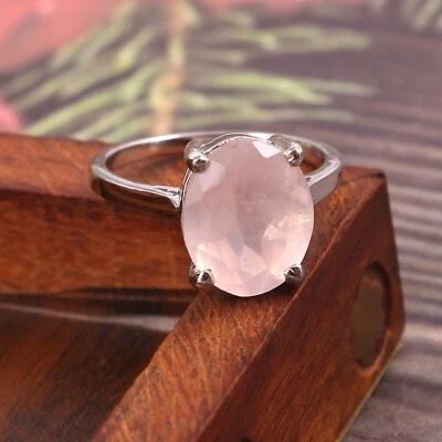 Oval Rose Quartz Ring Pink Oval Dainty Halo Minimalist 925 sterling silver - Image 1 of 4