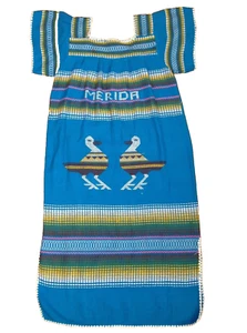 VINTAGE MEXICAN TUNIC HUIPIL DRESS WOMENS M 39"x46" BLUE WOVEN BIRD MERIDA BOHO - Picture 1 of 10