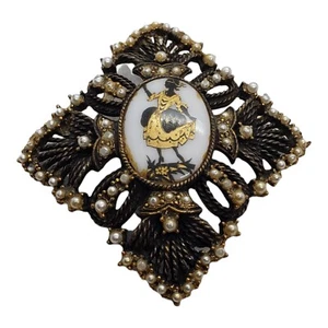 Vintage Brosche aus antikem Gold mit handbemaltem Porzellan & Kunstperlen  - Bild 1 von 4