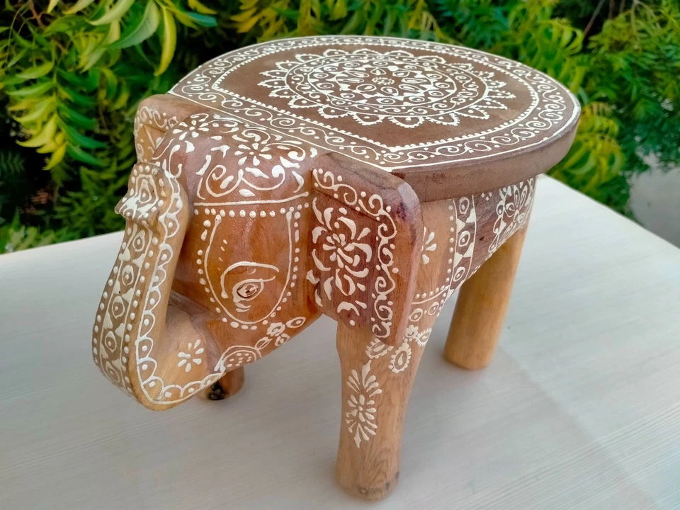Indian Handmade Wooden Elephant Shape Floor Decor Side Stool, Kids Stool, Gifts - Image 1 of 4