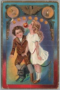 HALLOWEEN GREETINGS KIDS w/ BLACK CAT ANTIQUE EMBOSSED POSTCARD - Picture 1 of 2