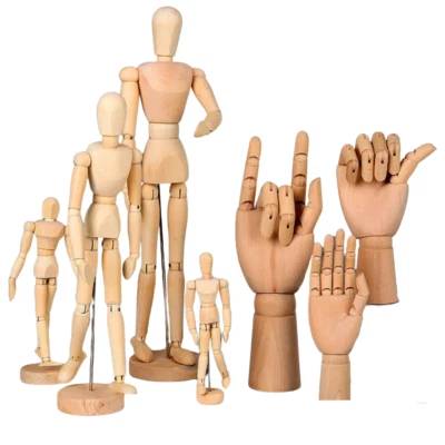 Holzmanikin menschlicher Kopfkörper LINKS RECHTS Hand Künstler Skizzierhilfe Schaufensterpuppe - Bild 1 von 4