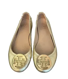 Tory Burch Reva Gold Ballet Flats Leather Medallion Logo Women’s Shoe Size 5 EUC - Picture 1 of 12