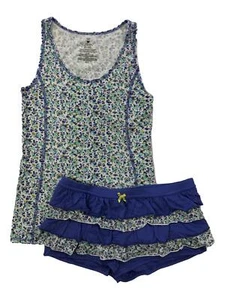 Valentines Womens Blue Floral Rhumba Shorts Tank Pajama Set Ruffle Pajamas - Picture 1 of 1
