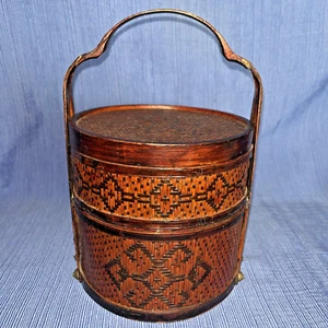 Mid 20th Century Petite Lacquered Chinese Bamboo & Rattan 2 Tier Wedding Basket - Picture 1 of 11