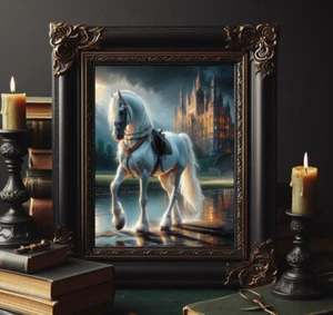 White Shire Horse Victorian Fantasy Castle Vintage Oil Painting wall art - Picture 1 of 3