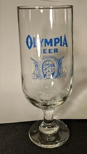 Vintage OLYMPIA Beer Tulip Glass Stemmed Good Luck Logo Blue Lettering Goblet - Picture 1 of 4