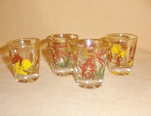 4er Set 50er Jahre Native Schnapsgläser braun & gelb - Bottoms Up & Looking at You - Bild 1 von 5