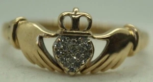 100% Genuine 10k Solid Yellow Gold 0.05ct Diamond Wedding Claddagh Ring Sz 7.25 - Picture 1 of 16
