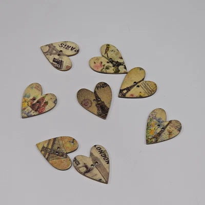 8 Wooden Heart Shaped Buttons Paris France Romantic Eiffel Tower Floral Craft - Image 1 of 3