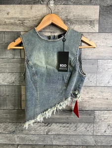Ego Womens Denim Top Size UK 10 Blue Slashed Asymmetric Hem y2k 90s - Picture 1 of 11