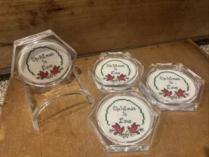 Vintage Completed Framed Cross Stitch Acrylic Christmas Coaster Set Cardinals - Picture 1 of 10