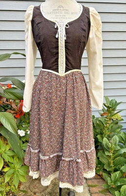 Vintage GUNNE SAX Midi Prairie Dress Corduroy Bust Floral Print Lace Pockets 13 - Image 1 of 4