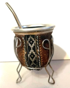 Yerba Mate' Tea Gourd w/Stand & Spoon Traditional Argentine Design, Animal Hide - Picture 1 of 5