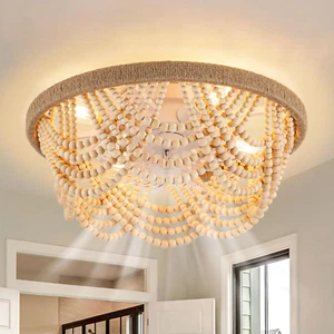 20" Boho Ceiling Fan with Light, Flush Mount Wood Beaded Fandelier Chandelier Fa - Picture 1 of 7