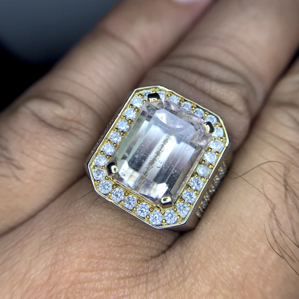 Natural Kunzite, Light Pink Emerald Cut in a Sterling Silver Rhodium Plated Ring - Image 1 of 4