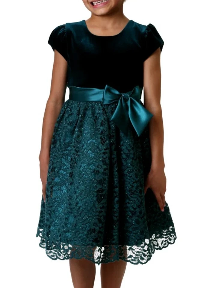 Jona Michelle Big Girl's Sparkling Elegant Velvet & Lace Fanciful Dress-Size-5 - Image 1 of 4