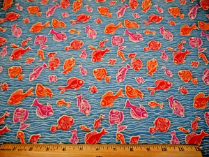 Quilt Fabric 1 7/8 Yard Pink Orange Red Fish Blue Ocean Children Cotton #C - Picture 1 of 2