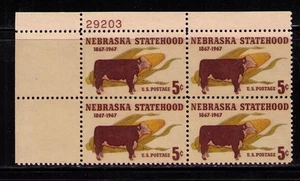 US USA Sc# 1328 MNH FVF Pl# Block Nebraska State Hereford Steer Cattle Corn Cob - Picture 1 of 1